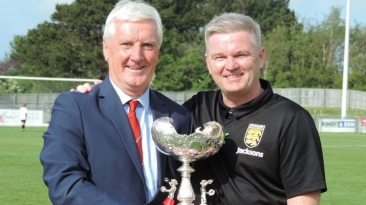 Phil Austin and Martin Cassidy pose with the Muratti Vase